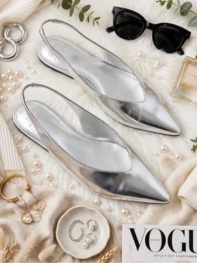 Marc Fisher metallic silver pointed toe sling back flats